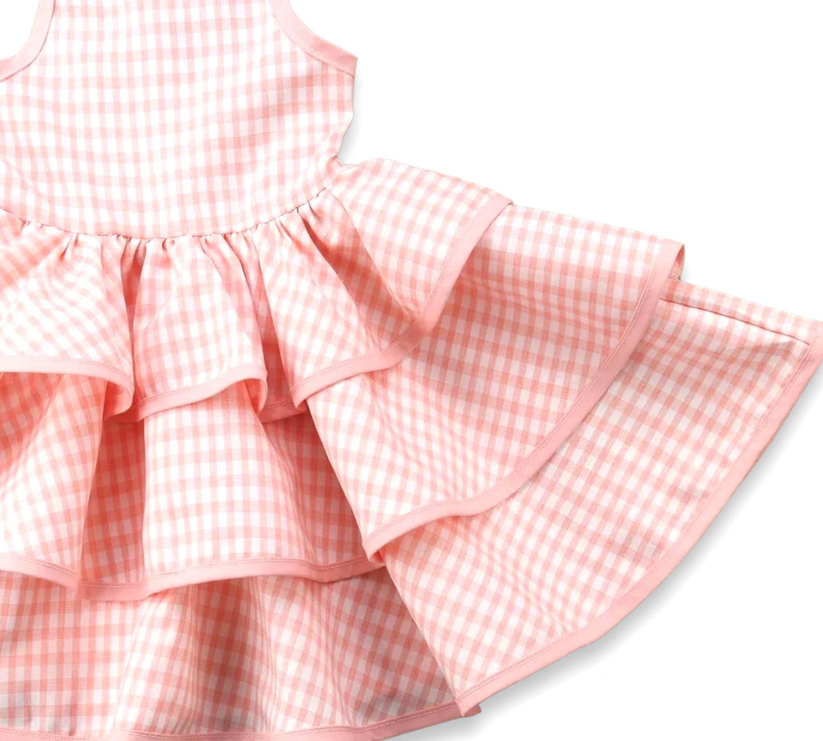 Girls Pink & White Gingham Check Pocket Ruffle Spring Dress