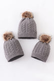 Grey cable knit pom pom beanie hat baby toddler adult