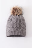 Grey cable knit pom pom beanie hat baby toddler adult