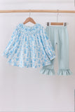 Blue snowman christmas tree smocked ruffle pants set