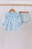Blue snowman christmas tree smocked bloomer set