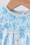 Blue snowman christmas tree smocked bloomer set