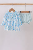 Blue snowman christmas tree smocked bloomer set