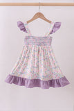 Purple floral smocked ruffle dress