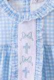 Blue cross bow embroidery ruffle gingham bloomer set