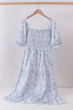 Navy smocked floral puff sleeve dress