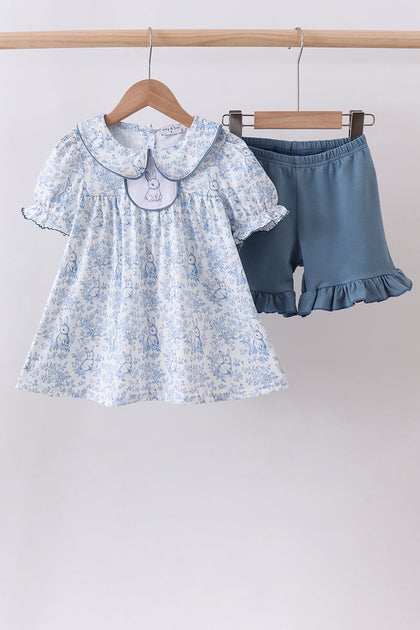Navy bunny embroidery floral peter pan collar shorts set