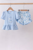 Blue bunny applique ruffle shorts set