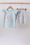 Blue floral bunny applique ruffle skorts set
