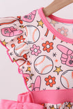 Pink baseball print ruffle shorts set