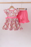 Pink baseball print ruffle shorts set