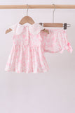 Pink bunny smocked lace collar bow bloomer set