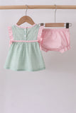 Green swiss dot cross sheep ruffle bloomer set