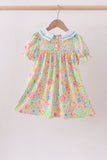 Pink floral print puff sleeve ruffle dress