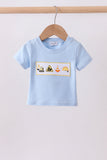 Blue engineering vehicle embroidery top