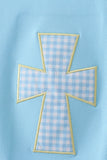 Blue cross applique top