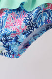 Blue marine creature print ruffle 2pc swimsuit