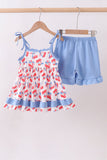 Blue cherry smocked ruffle shorts set
