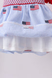 Blue flag embroidery seersucker ruffle shorts set