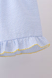 Blue lemon embroidery seersucker ruffle shorts set