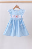 Blue flag smocked jacquard ruffle dress