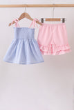 Blue Stripe Bow Smocked Ruffle Shorts Set