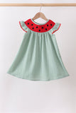Green Watermelon Stripe Smocked Embroidered Seersucker Dress