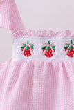 Pink stripe seersucker strawberry smocked bloomer set