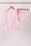 Pink bow print scalloped bloomer set