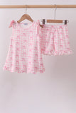 Pink bow print scalloped ruffle shorts set