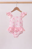 Pink bow print ruffle one-piece swimsuit