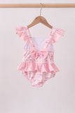 Pink bow print ruffle one-piece swimsuit