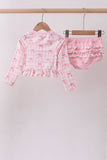 Pink bow print ruffle zipper 2pc swimsuit