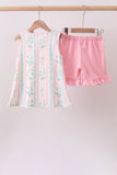 Pink floral print bow ruffle shorts set