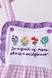 Purple floral embroidery gingham ruffle dress