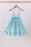 Blue beach print bow ruffle dress
