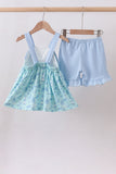 Blue beach print bow ruffle shorts set