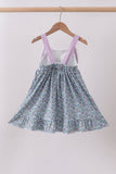 Purple floral print bow ruffle dress