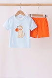 Blue Puppy Pumpkin Applique Shorts Set