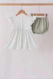 Sage pumpkin embroidery bow ruffle bloomer set