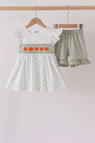 Sage pumpkin embroidery bow ruffle shorts set