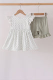 Sage pumpkin embroidery bow ruffle shorts set