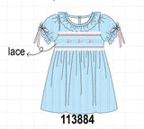 Blue Floral Smocked Lace Ruffle Dress