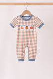 Brown turkey pumpkin embroidery gingham romper