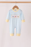 Blue airplane embroidery stripe romper