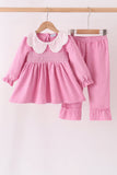 Pink corduroy lace smocked ruffle pants set
