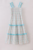 Blue floral print smocked mom dress