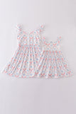 Blue bow lattice print mom&me dress