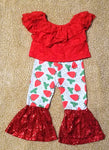 Red Lace Swing Top w/Strawberry Sequin Bell Pants *Clearance