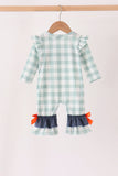 Sage Turkey Embroidery Gingham Ruffle Romper